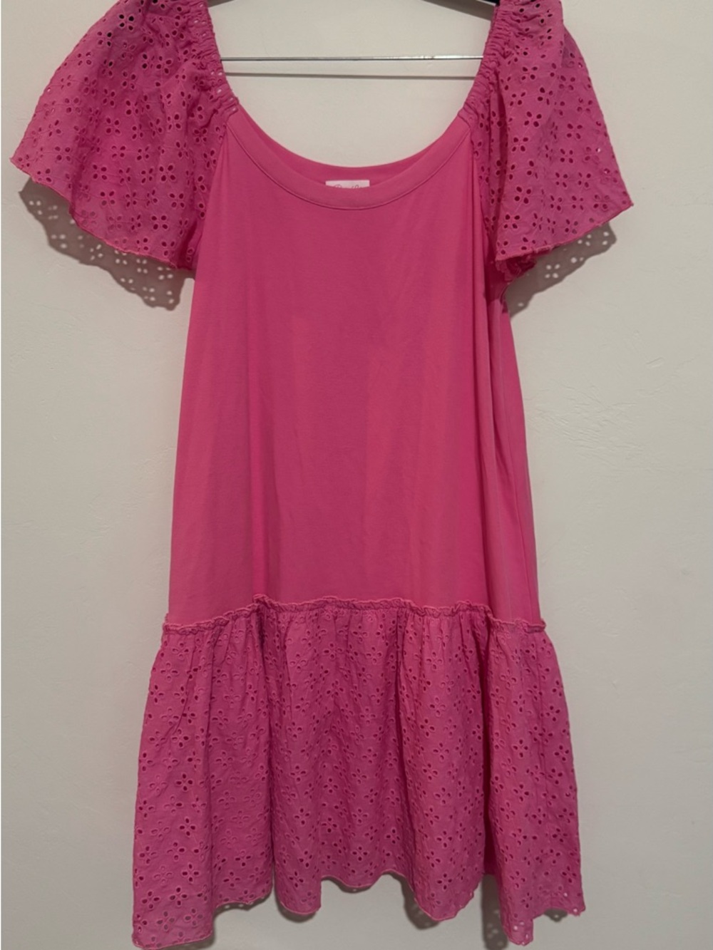 Pink Lily Womens Pink Dress Size Medium Eyelet Ruffle Sleeve Babydoll Style